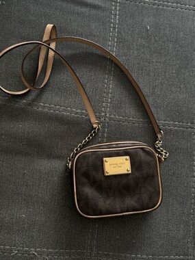 Michael Kors Dark Brown Leather Crossbody Camera Bag with Gold Plaque